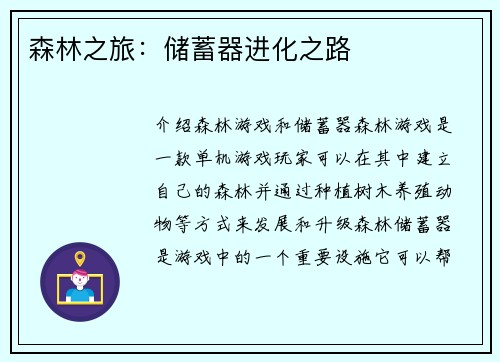 森林之旅：储蓄器进化之路