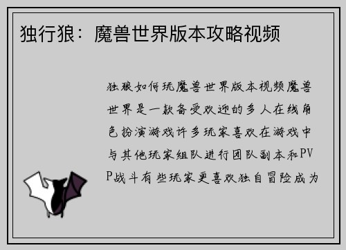 独行狼：魔兽世界版本攻略视频