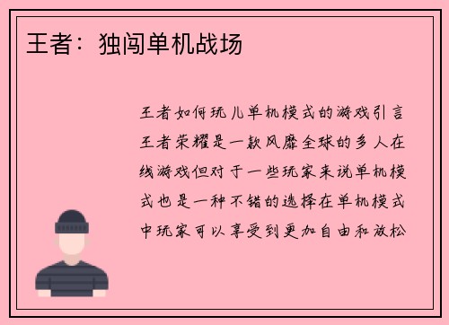 王者：独闯单机战场
