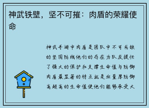 神武铁壁，坚不可摧：肉盾的荣耀使命